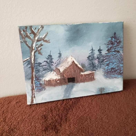 Hand Painted CanvasBob Ross Inspired Barn In Woods Hand Painted Snowy Evergreen - Picture 2 of 3